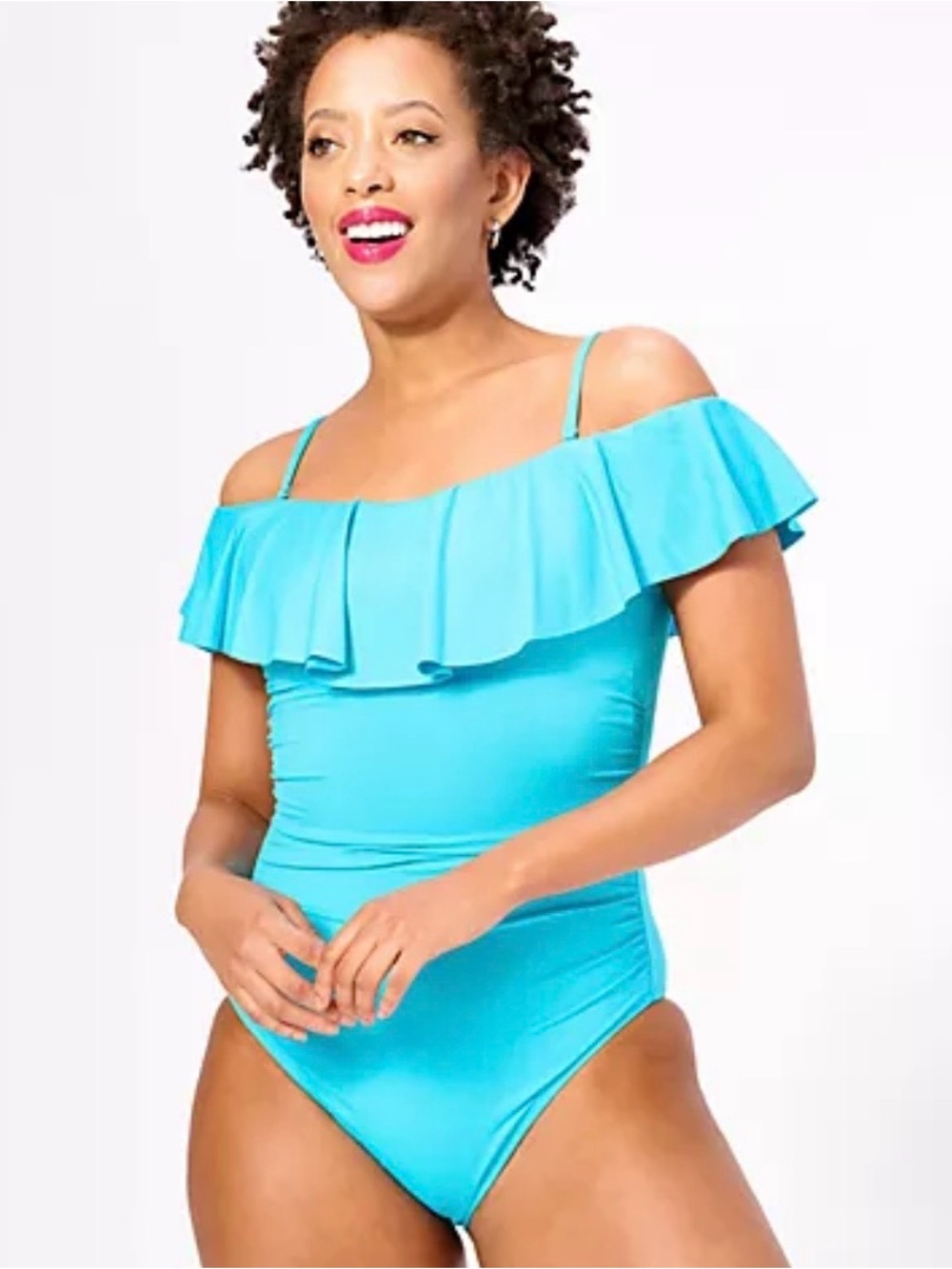 La Blanca Off Shoulder One Piece Swimsuit 14 Ruffle Built In Bra Ruched Blue NWT